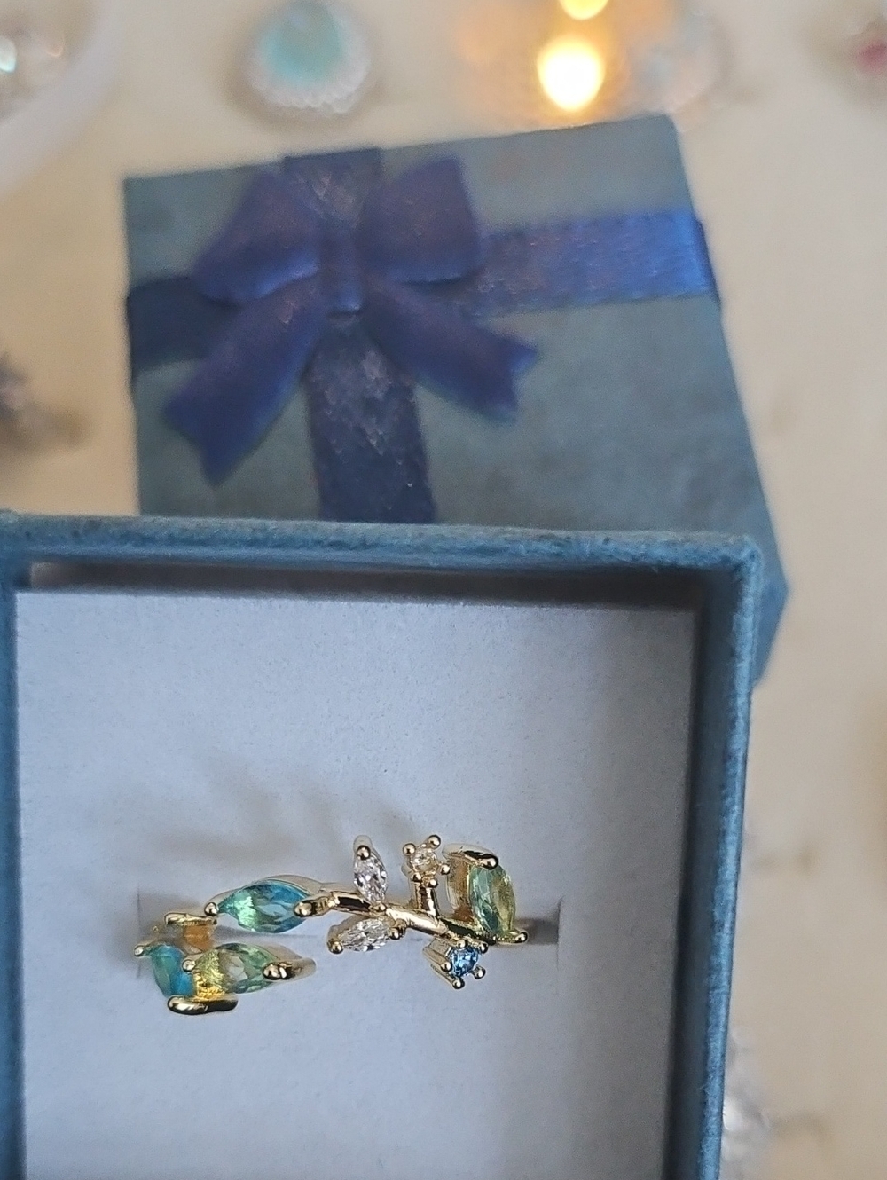 Gold Tone Blue-Green Leaf Crystal Ring - Women Jewelry